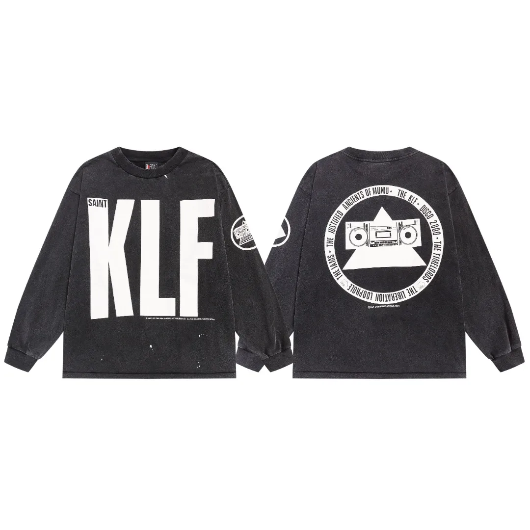Mechao Saint Michael "klf exhibition limited" vintage distressed washed crack printed long-sleeved loose T-shirt Fabric: 260g Style number: SM02 Size: S-M-L-XL Color: Black Price: P156